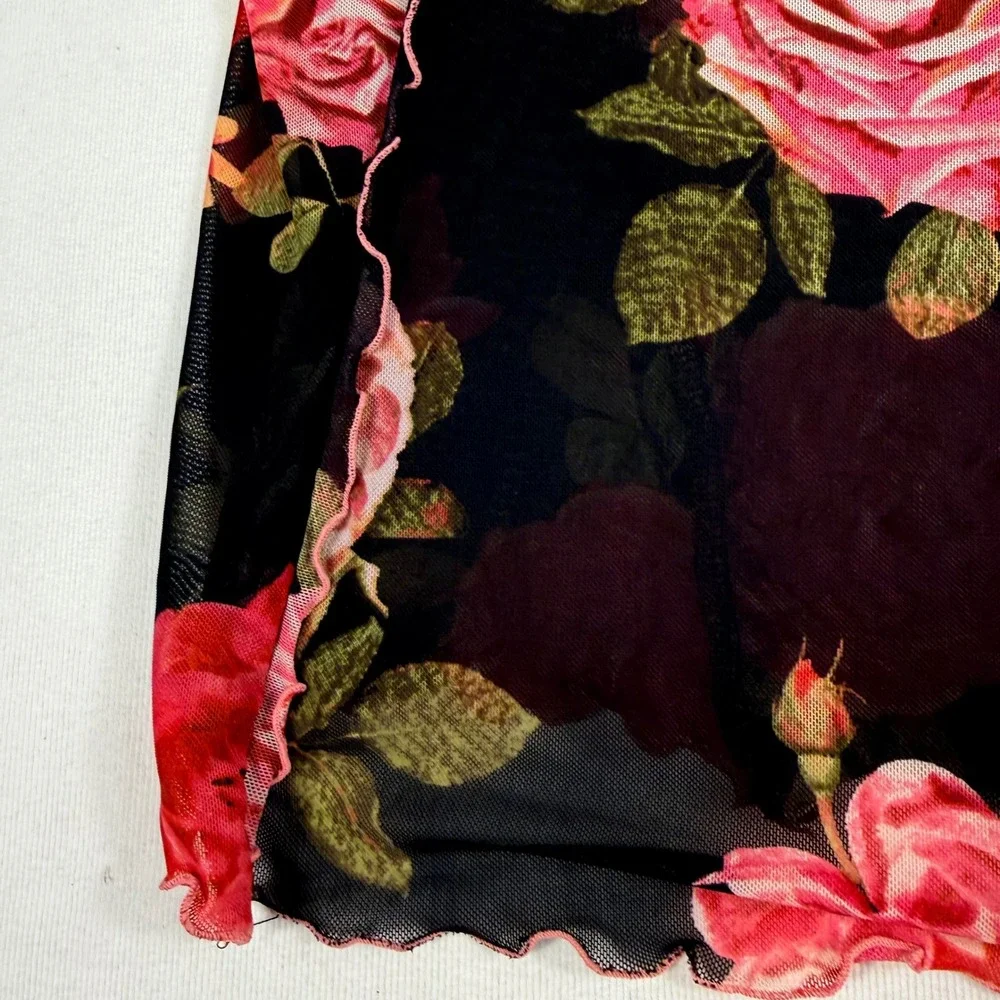 Free People Mesh Top S Black Red Floral Rose Sheer L/sleeve dark romancgoth